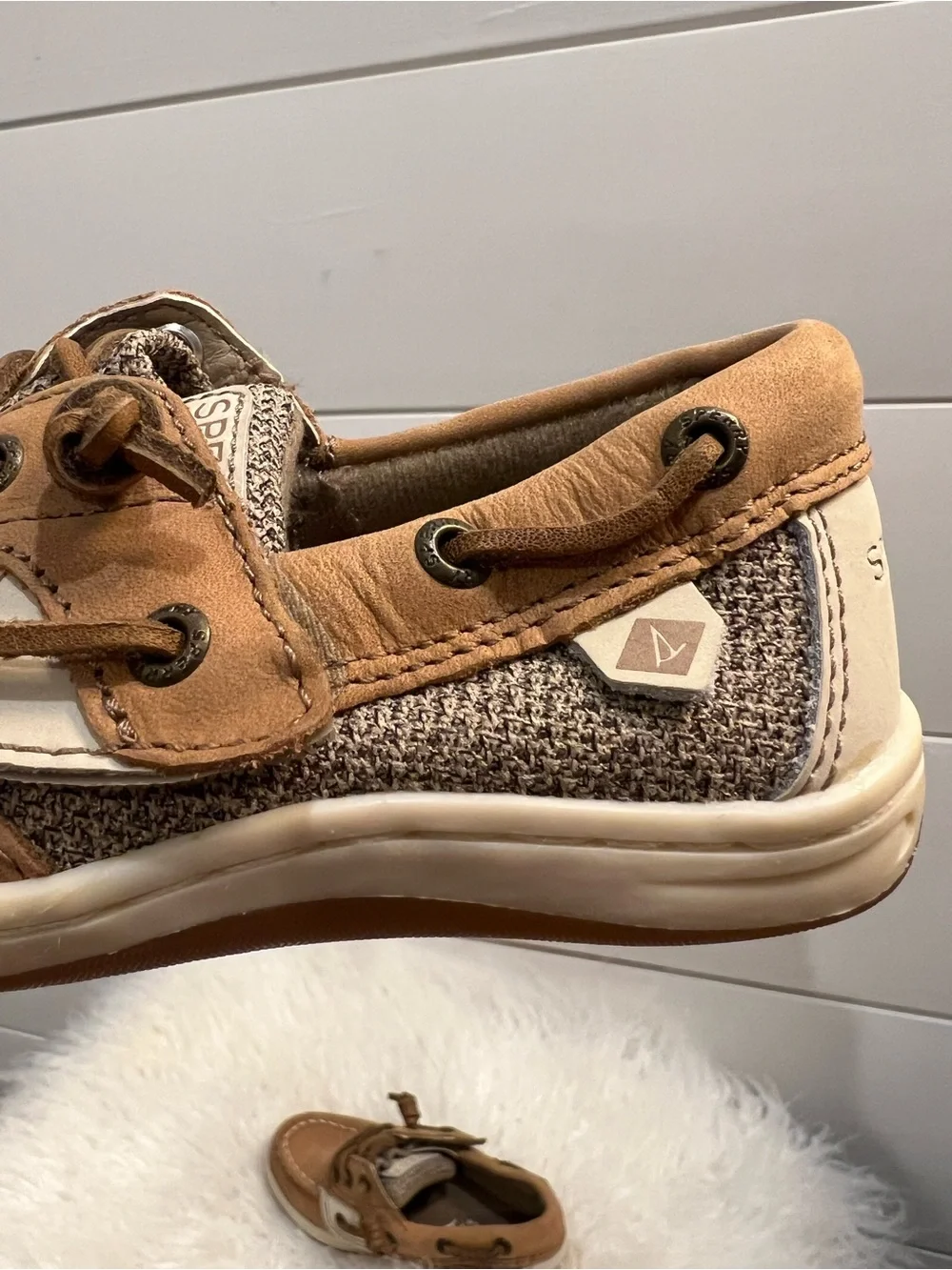 Sperry Boys Kids Toddler Tan Leather & Linen Songfish Boat Shoes Size 8.5 preppy